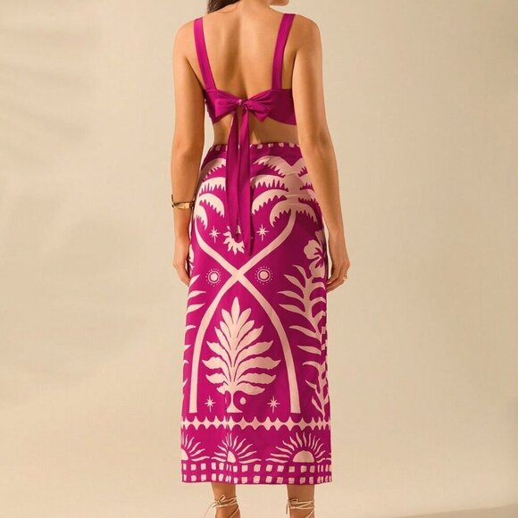 Hot Pink Boho Women's Coconut Print Cropped Cami Top And Fitted Maxi Skirt Set - Picture 2 of 7